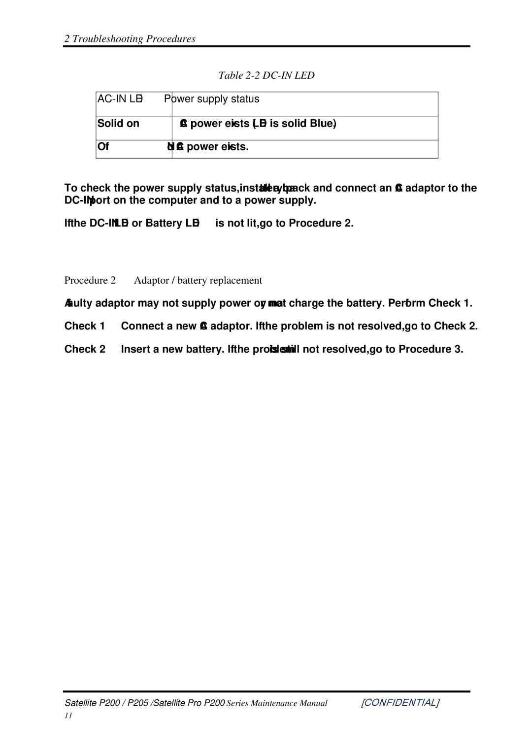 Toshiba P205 manual Troubleshooting Procedures DC-IN LED, Procedure 2 Adaptor / battery replacement 