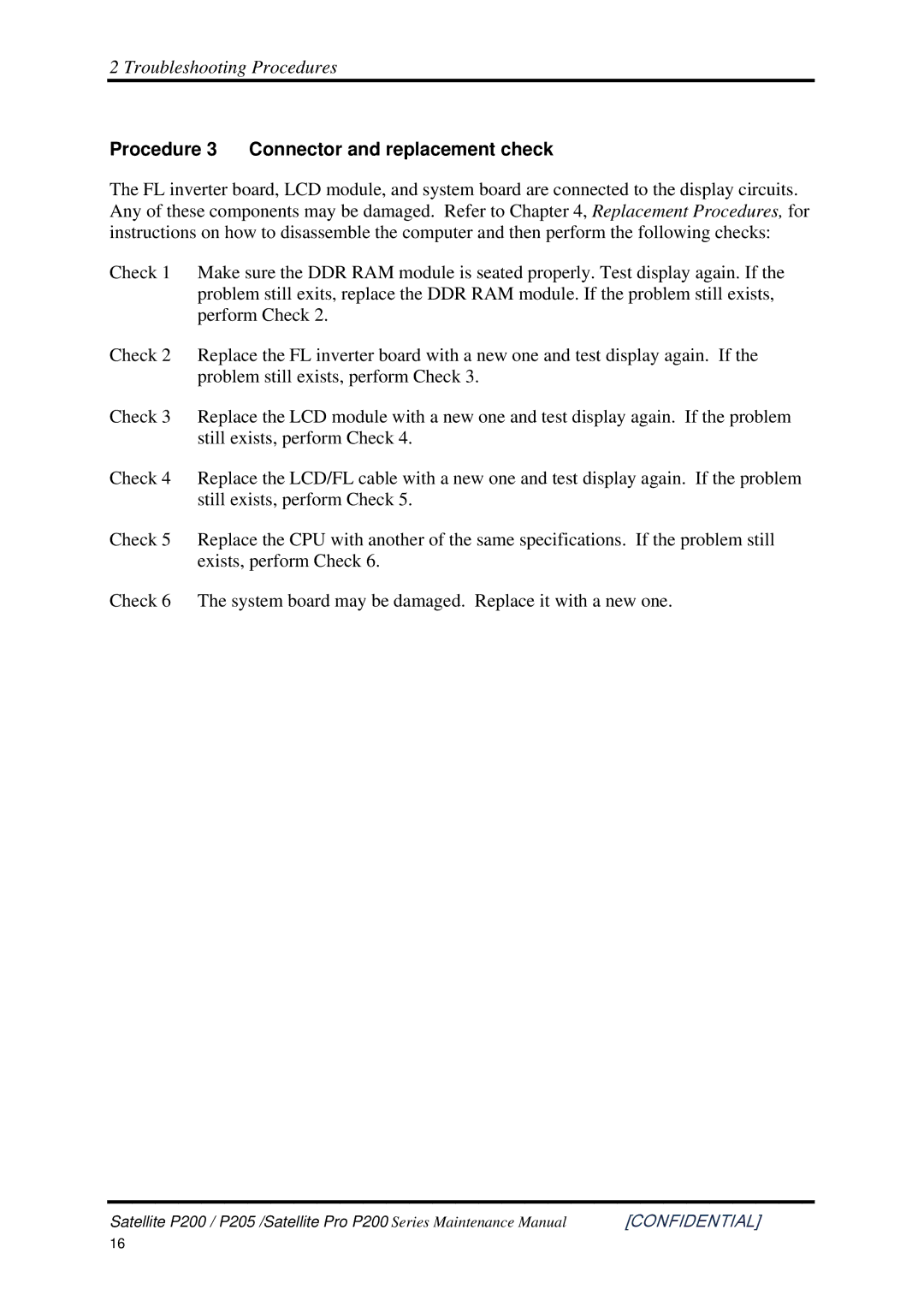 Toshiba P205 manual Procedure 3 Connector and replacement check 