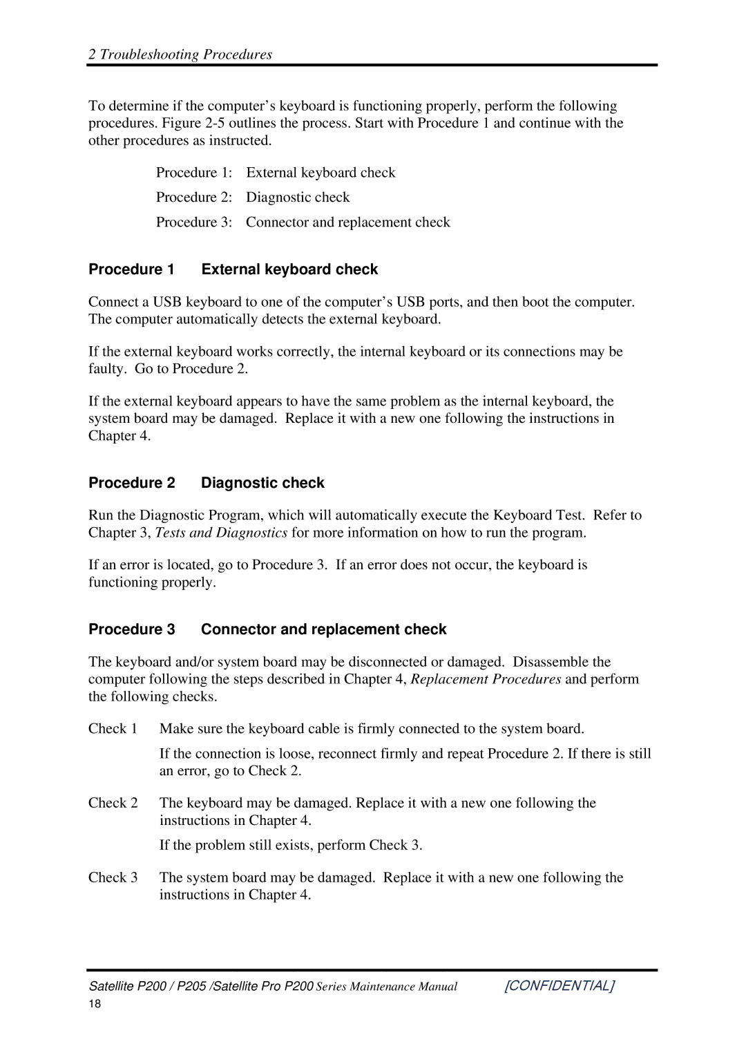 Toshiba P205 manual Procedure 1 External keyboard check, Procedure 2 Diagnostic check 