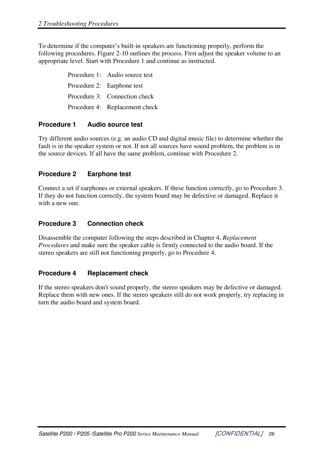 Toshiba P205 manual Procedure 1 Audio source test, Procedure 2 Earphone test, Procedure 3 Connection check 