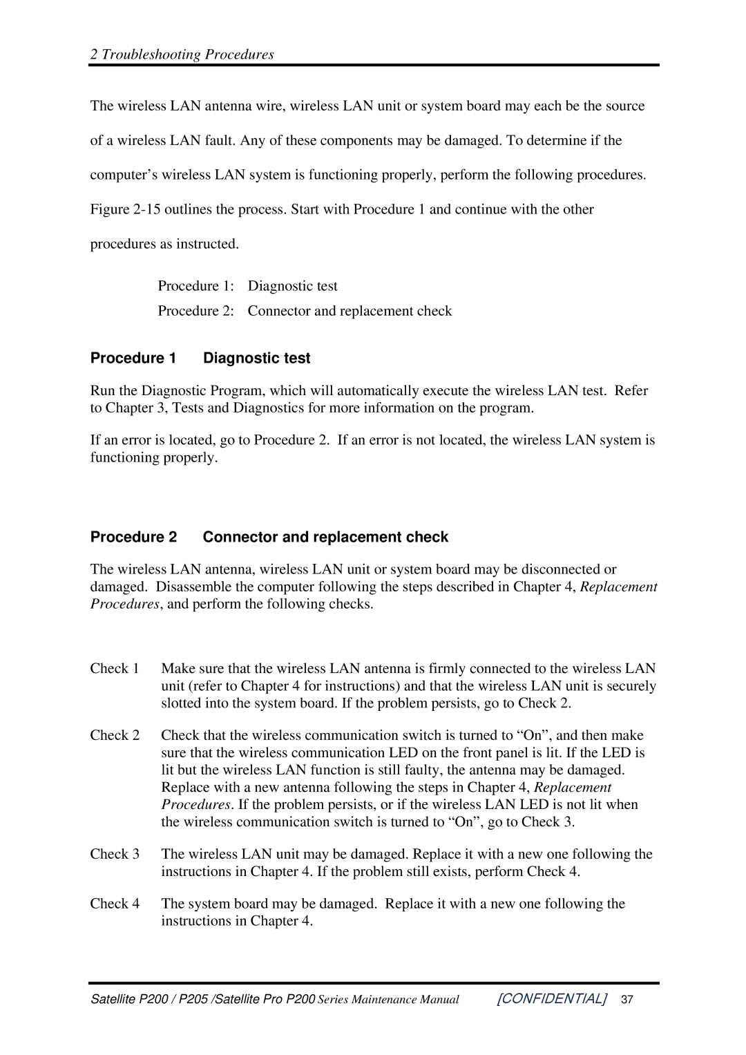 Toshiba P205 manual Procedure Diagnostic test, Procedure 2 Connector and replacement check 