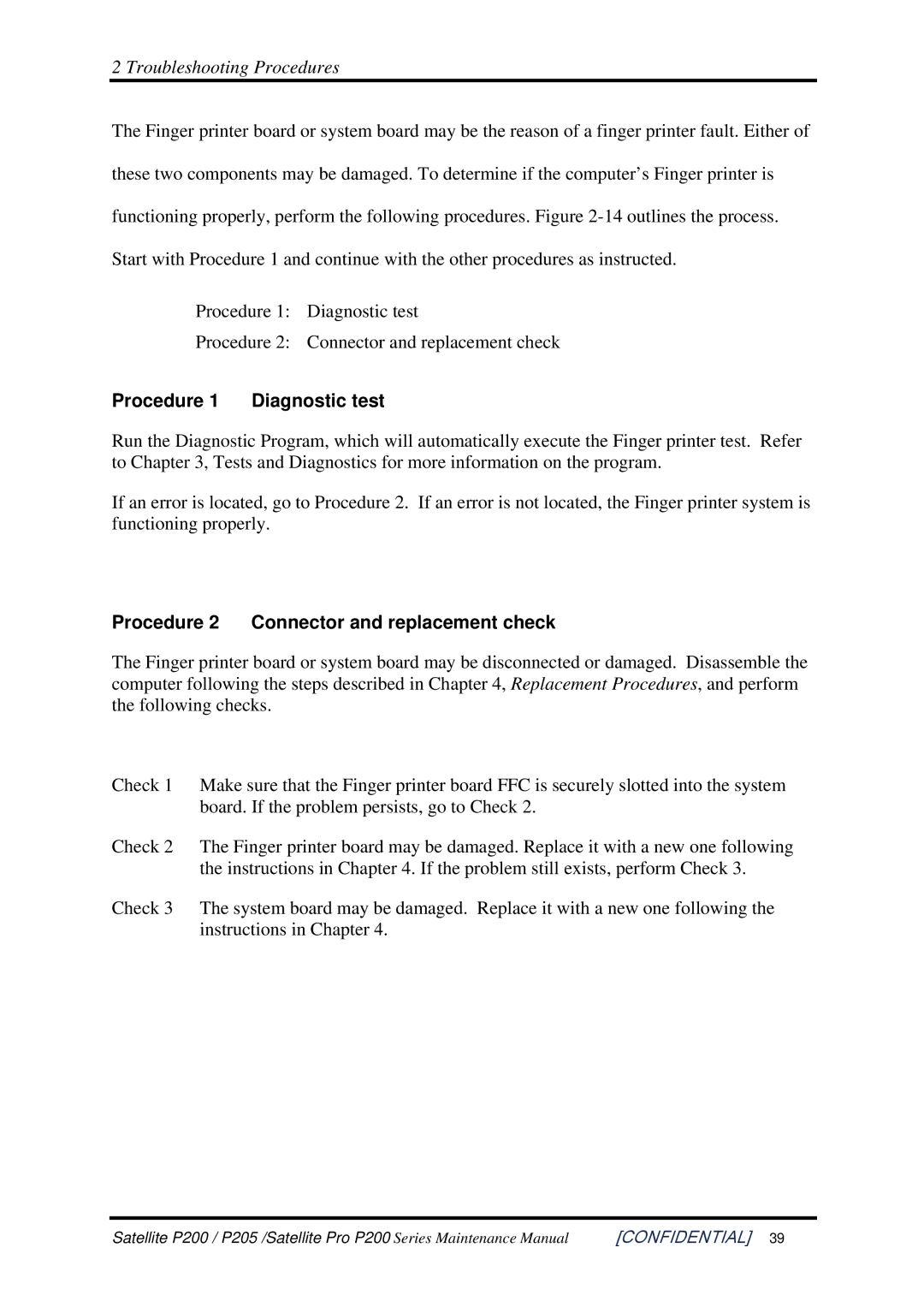 Toshiba P205 manual Procedure Diagnostic test 