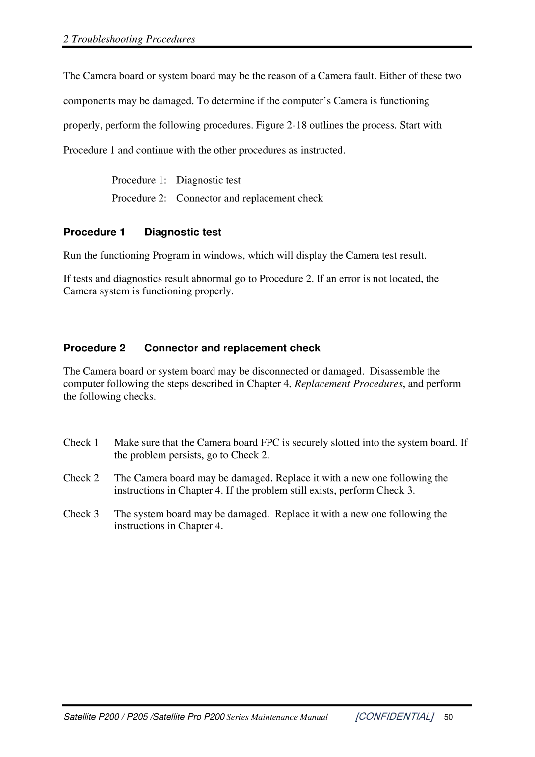 Toshiba P205 manual Procedure Diagnostic test 