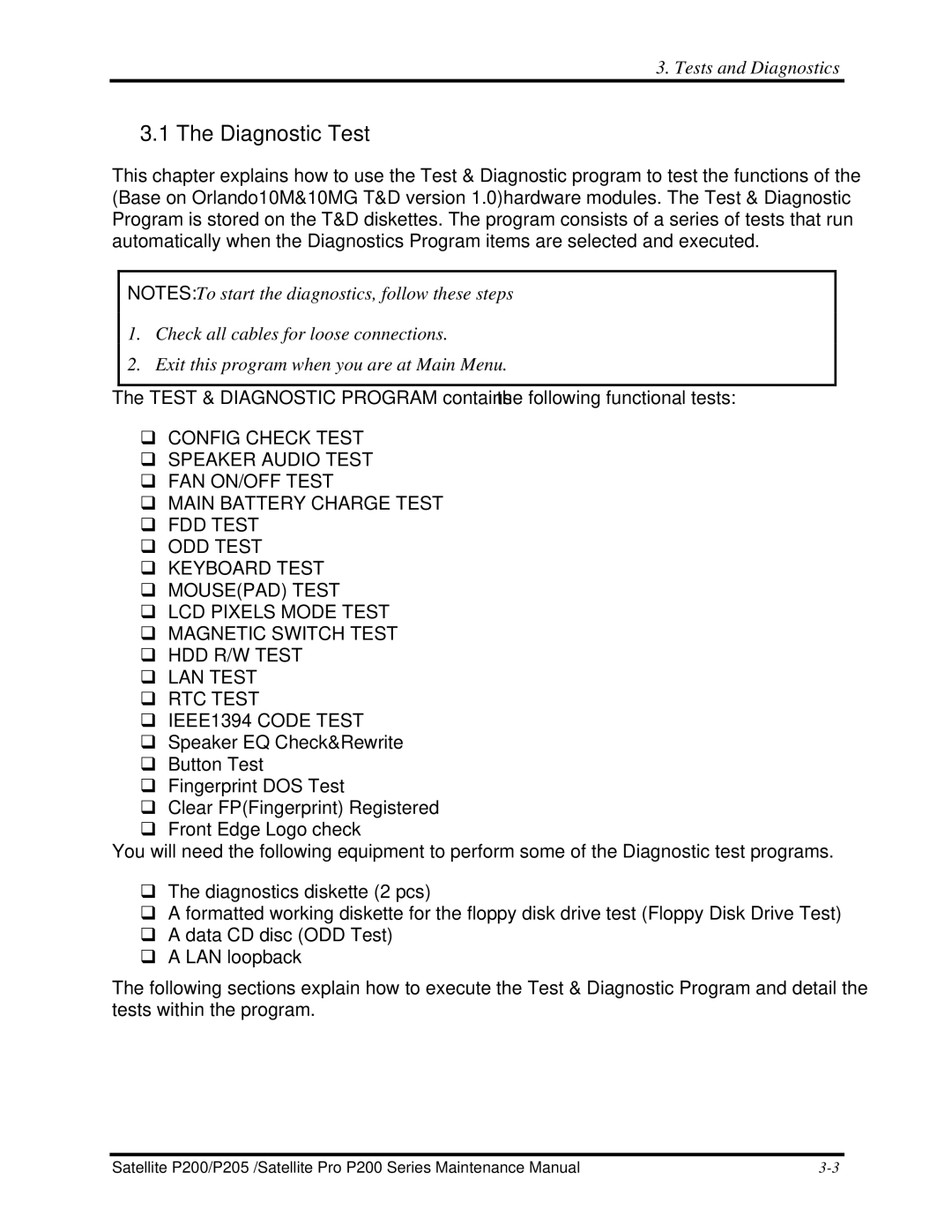 Toshiba P205 manual Diagnostic Test 