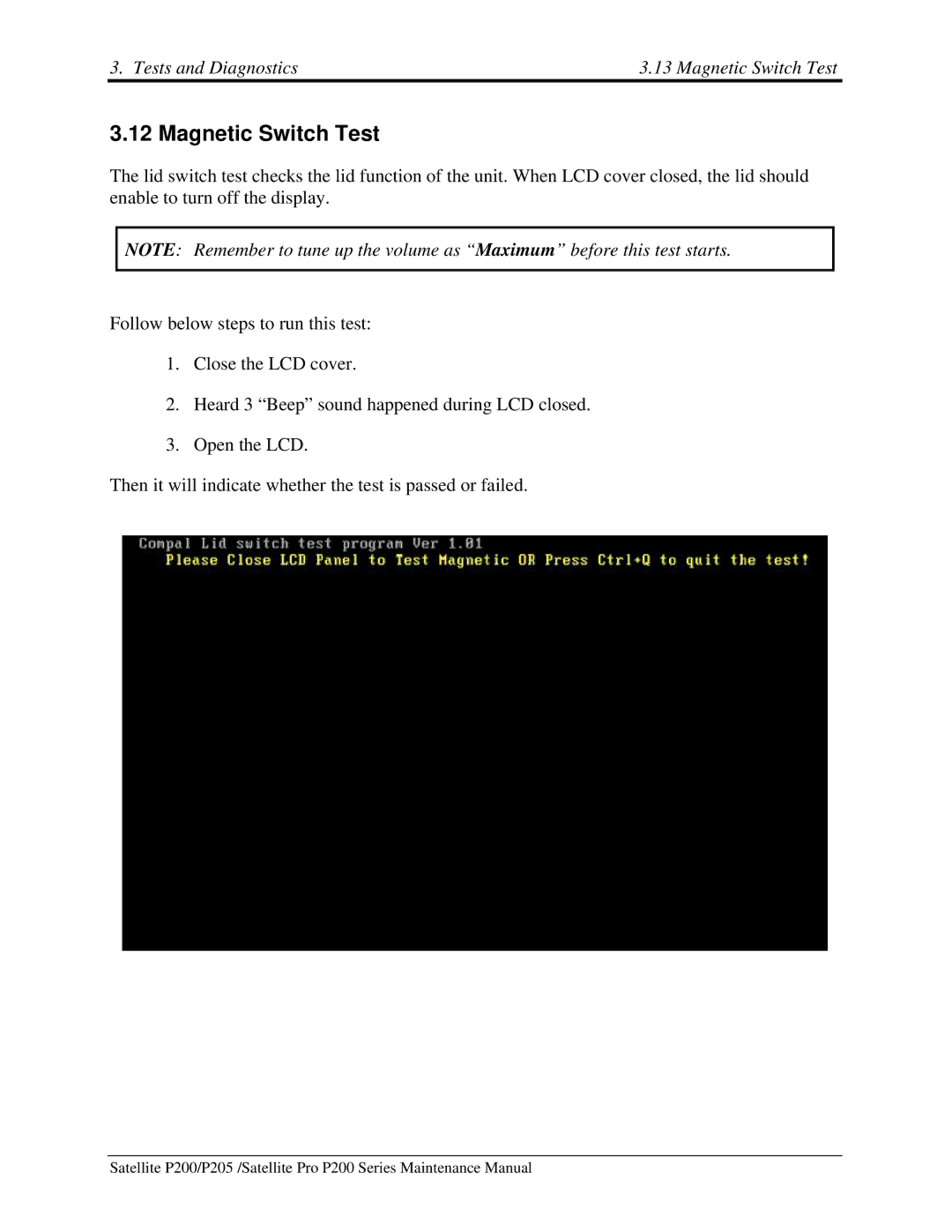 Toshiba P205 manual Tests and Diagnostics Magnetic Switch Test 