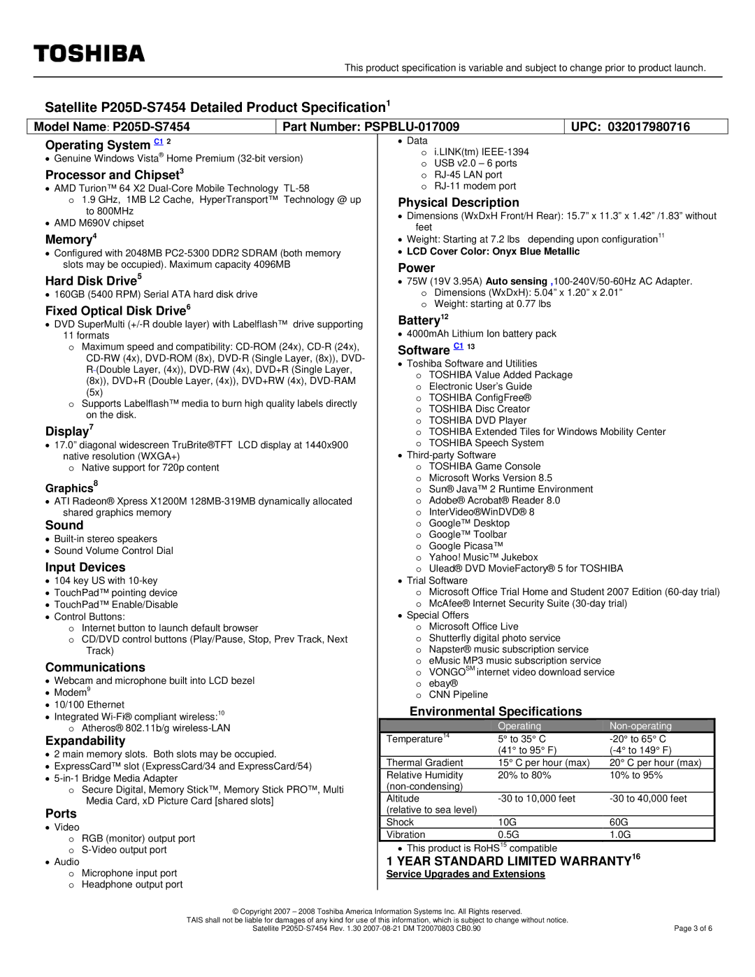 Toshiba P205D-S7454 specifications Processor and Chipset3, Physical Description, Memory4, Power Hard Disk Drive5, Display7 