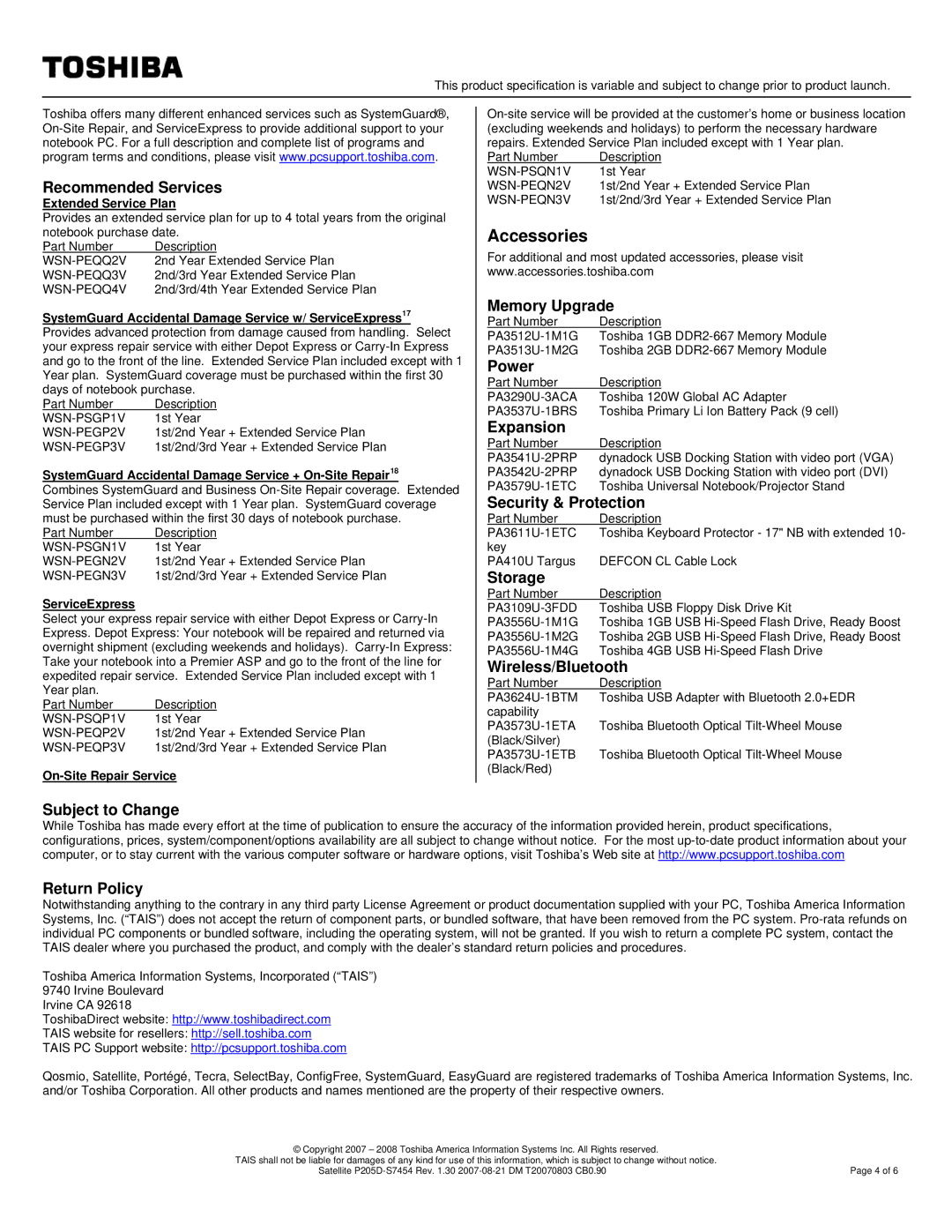 Toshiba P205D-S7454 specifications Recommended Services, Memory Upgrade, Power, Expansion, Security & Protection, Storage 