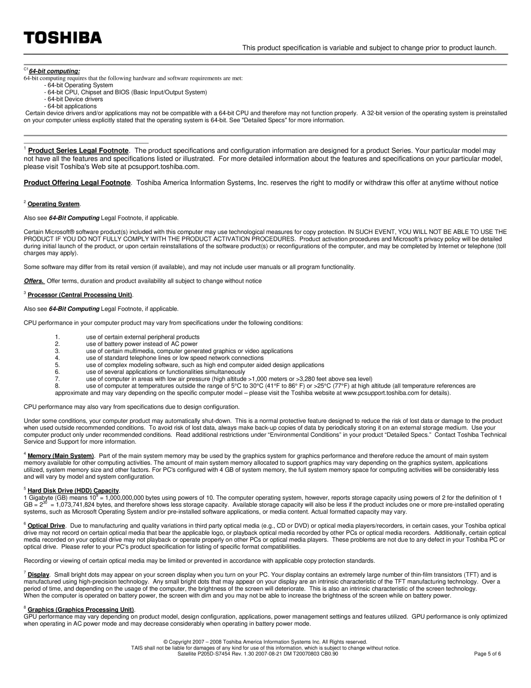 Toshiba P205D-S7454 specifications C164-bit computing 