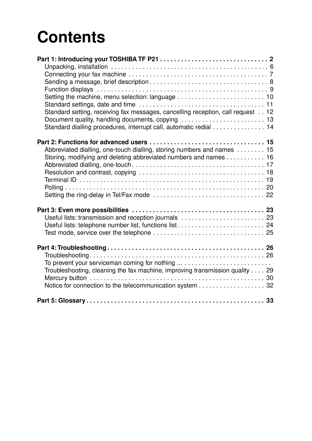 Toshiba P21 instruction manual Contents 