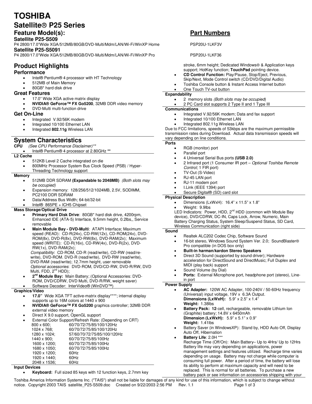 Toshiba P25-S509 dimensions Feature Models Part Numbers, Product Highlights, System Characteristics 