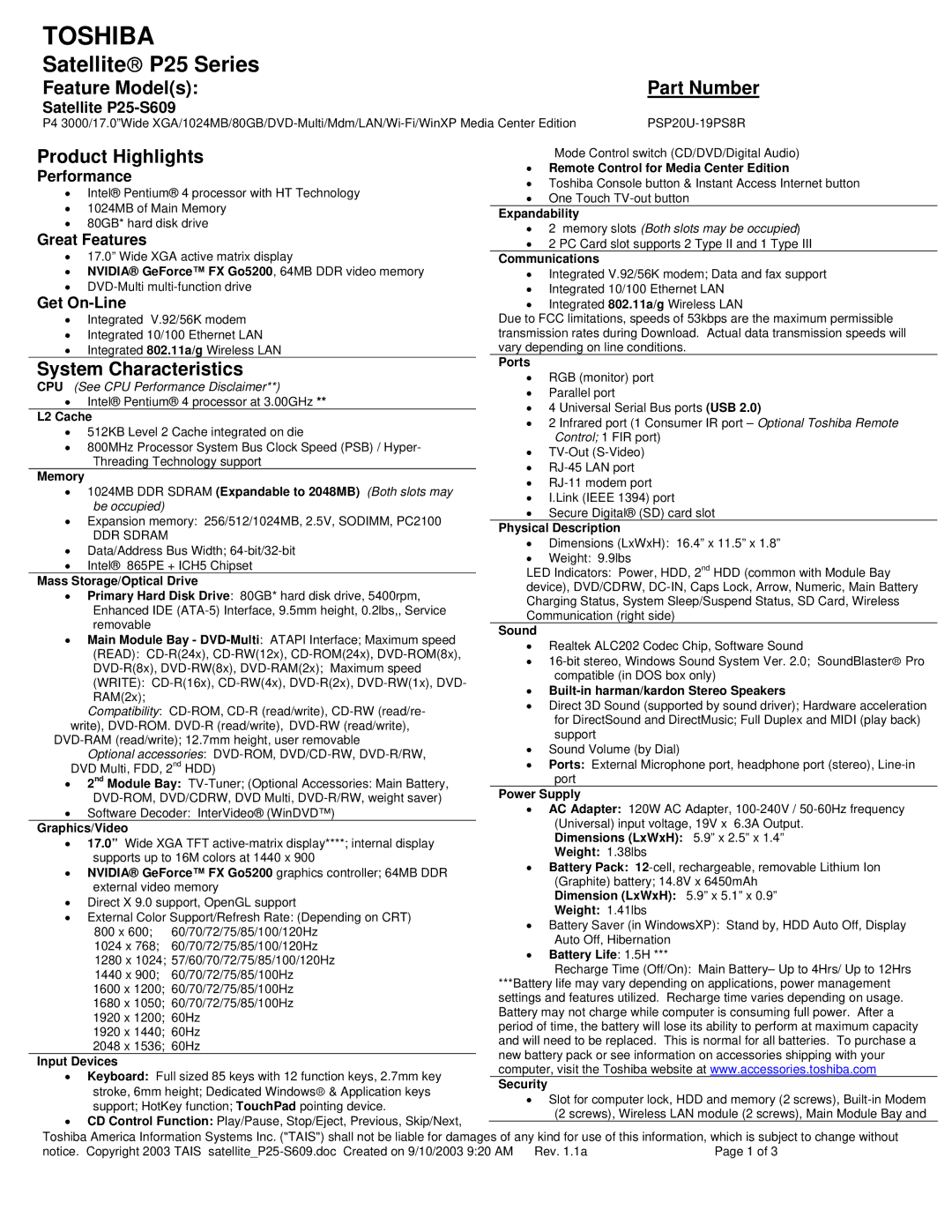 Toshiba P25-S509 dimensions Feature Models Part Number, Satellite P25-S609 