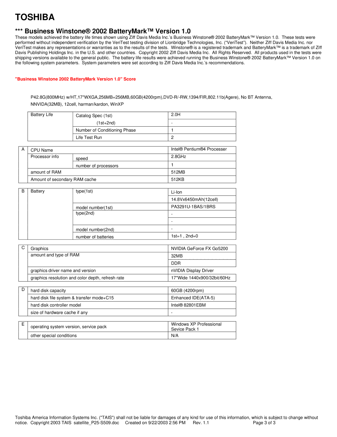 Toshiba P25-S509 dimensions Business Winstone 2002 BatteryMark Version 1.0 Score 