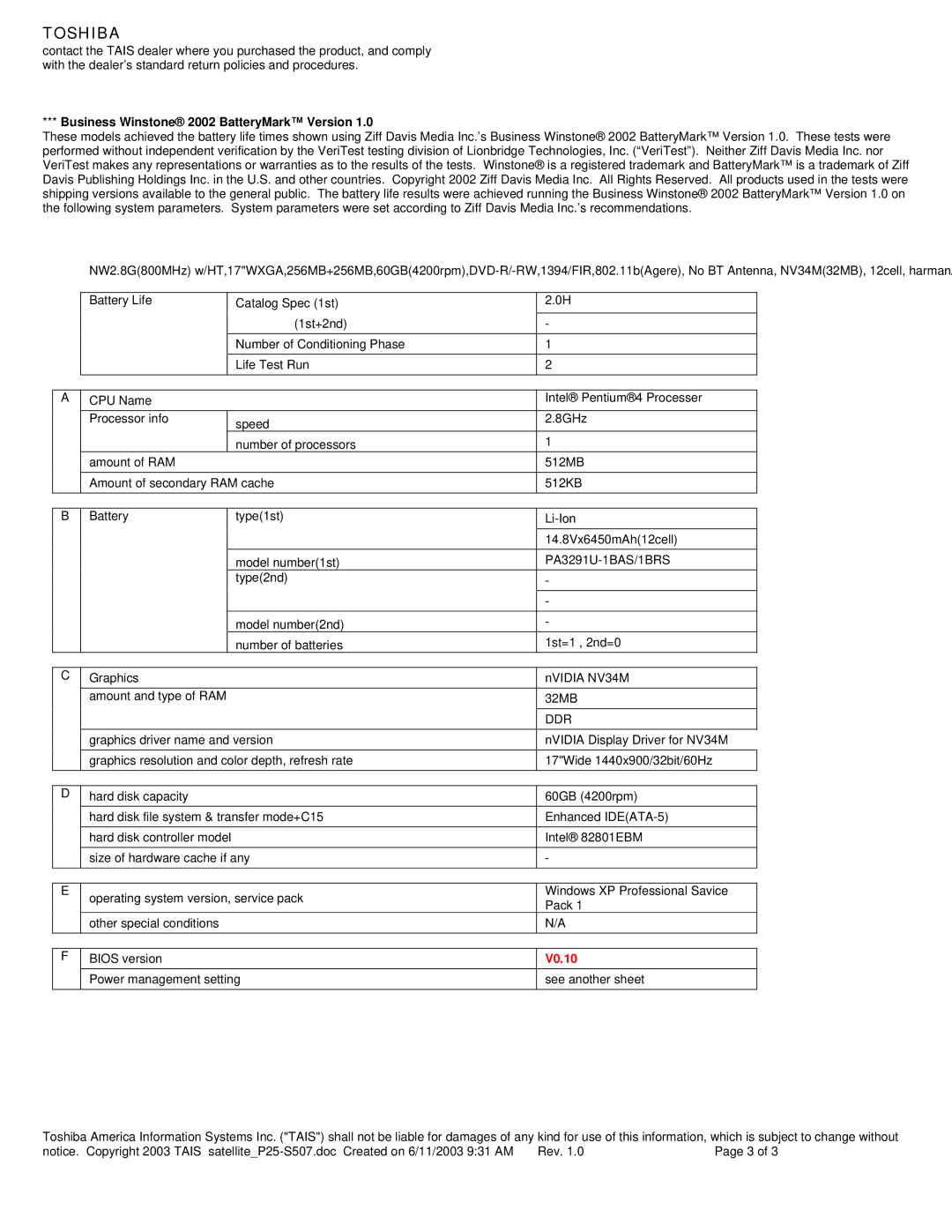 Toshiba P25 Series dimensions Business Winstone 2002 BatteryMark Version, Ddr 