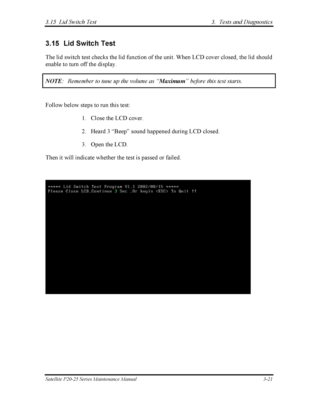 Toshiba P25 manual Lid Switch Test Tests and Diagnostics 