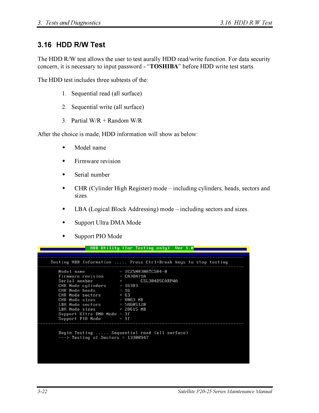 Toshiba P25 manual Tests and Diagnostics HDD R/W Test 