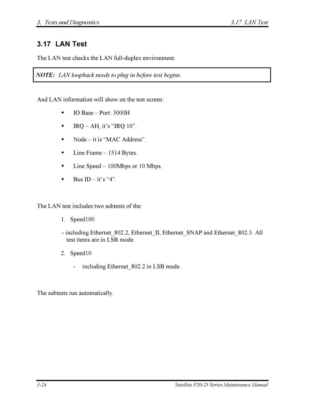 Toshiba P25 manual Tests and Diagnostics LAN Test 