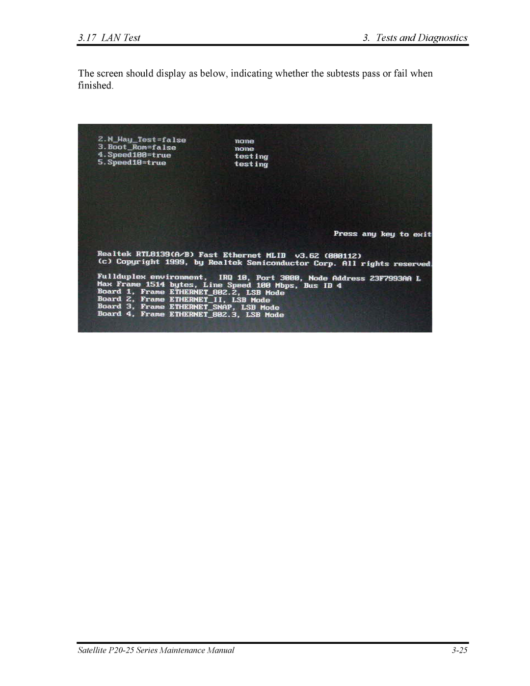 Toshiba P25 manual LAN Test Tests and Diagnostics 