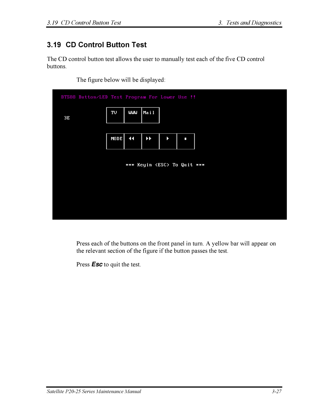 Toshiba P25 manual CD Control Button Test Tests and Diagnostics 