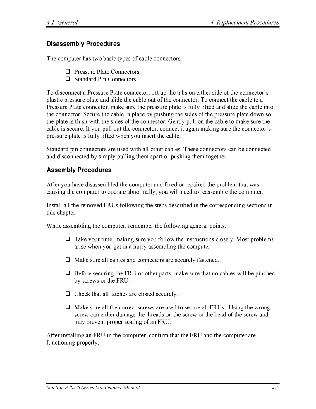 Toshiba P25 manual Disassembly Procedures, Assembly Procedures 