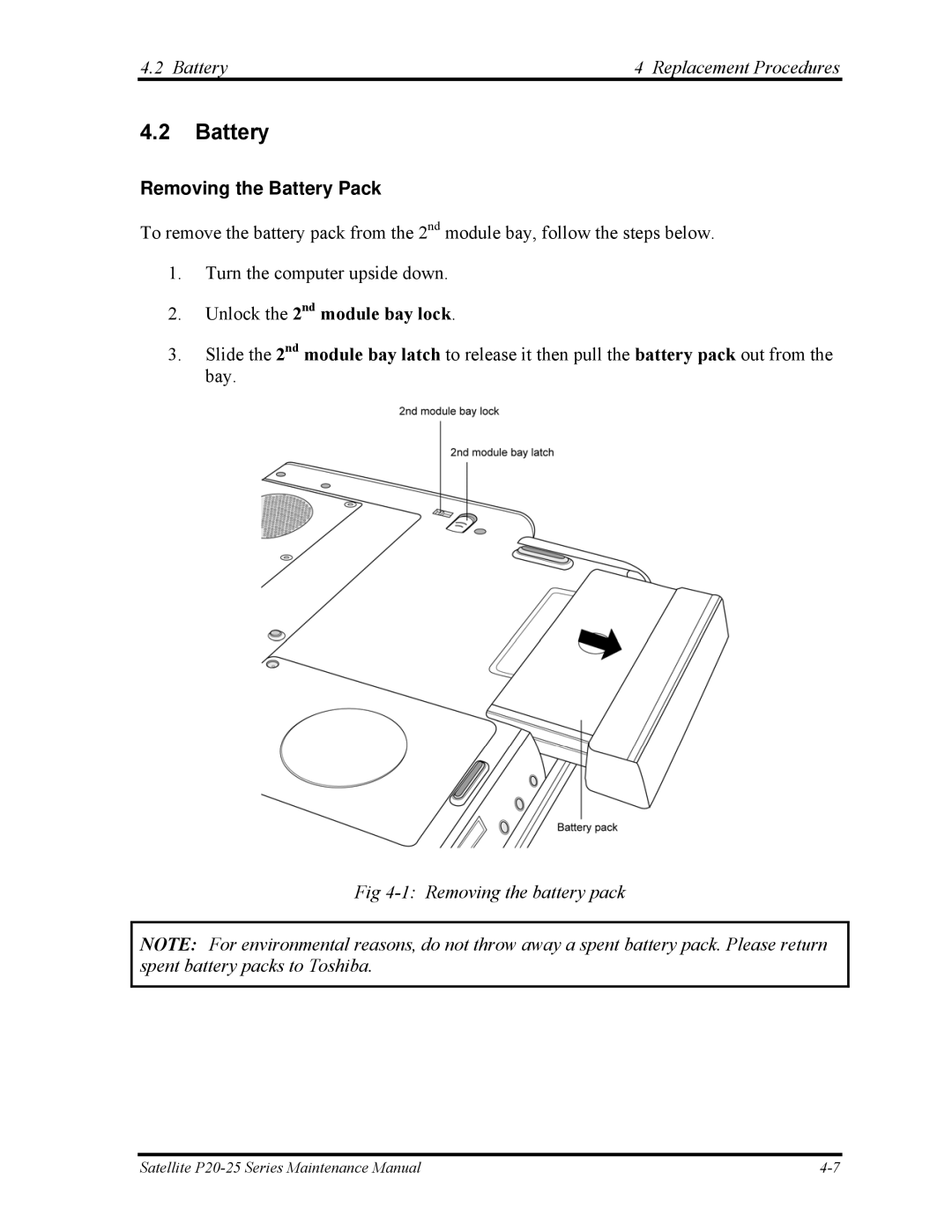 Toshiba P25 manual Battery Replacement Procedures, Removing the Battery Pack, Unlock the 2nd module bay lock 