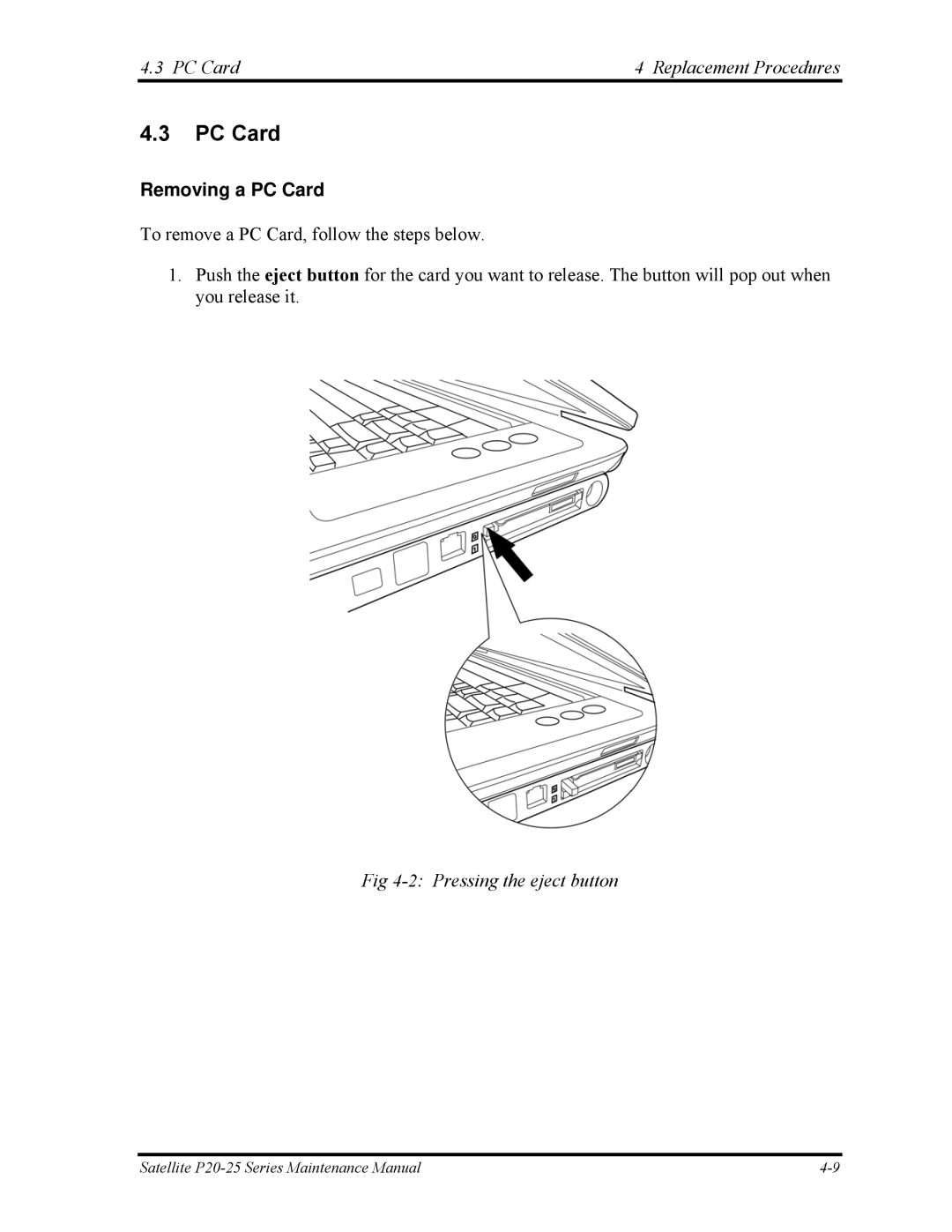 Toshiba P25 manual PC Card Replacement Procedures, Removing a PC Card, Pressing the eject button 