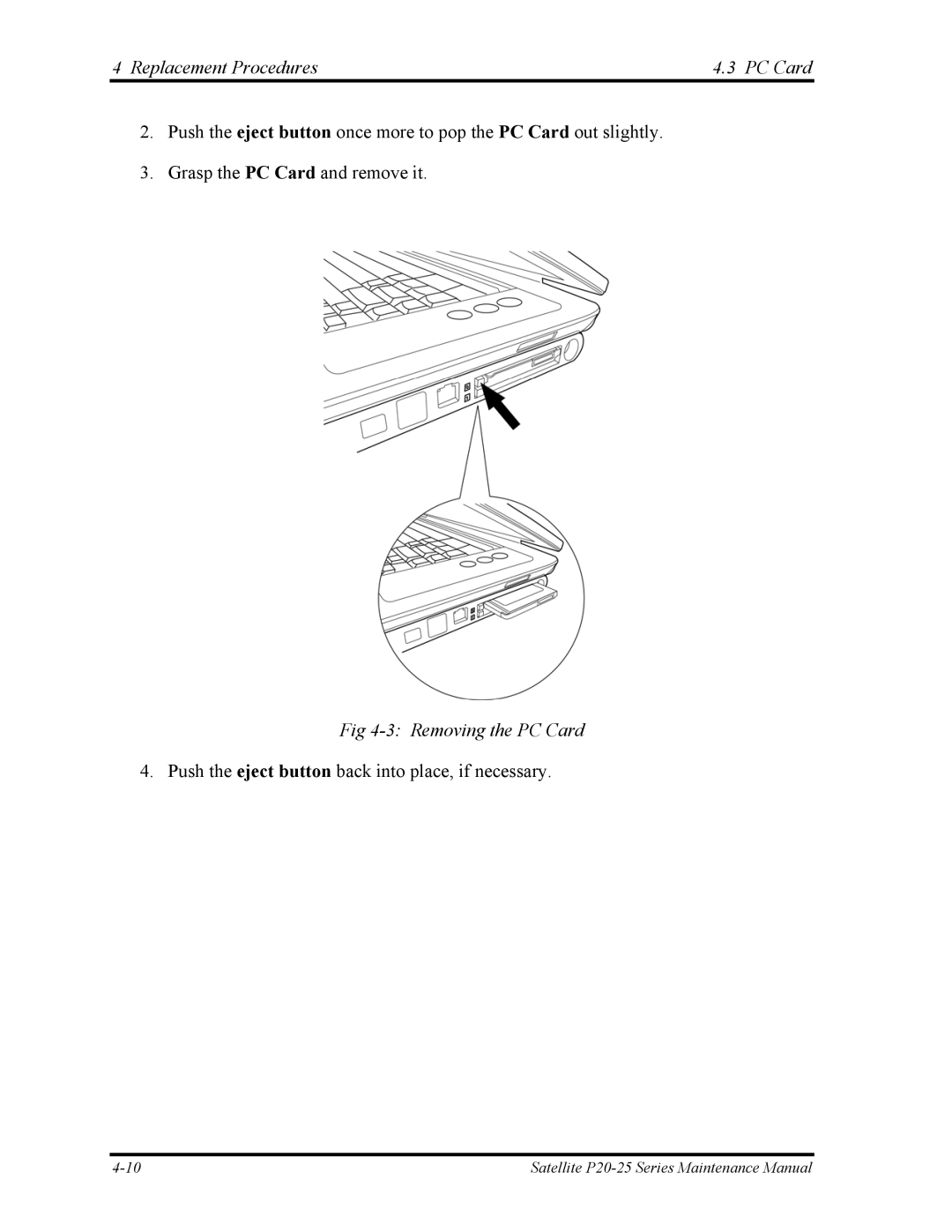 Toshiba P25 manual Replacement Procedures PC Card, Removing the PC Card 