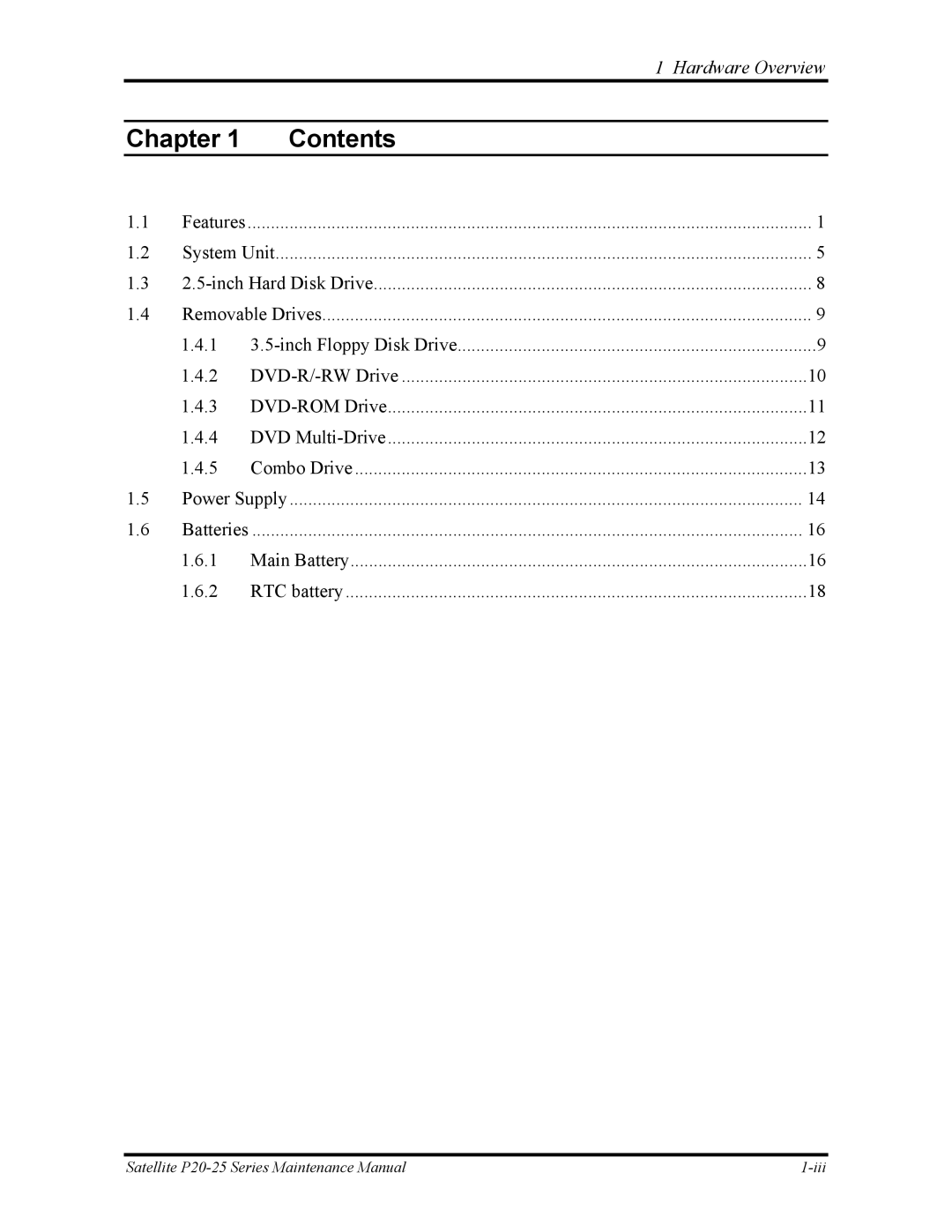 Toshiba P25 manual Chapter Contents 