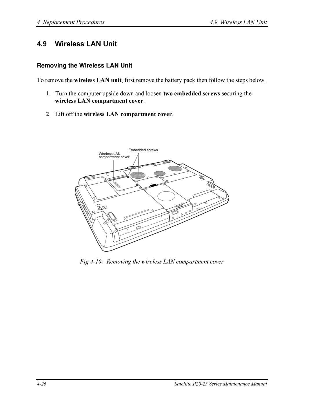 Toshiba P25 manual Replacement Procedures Wireless LAN Unit, Removing the Wireless LAN Unit 