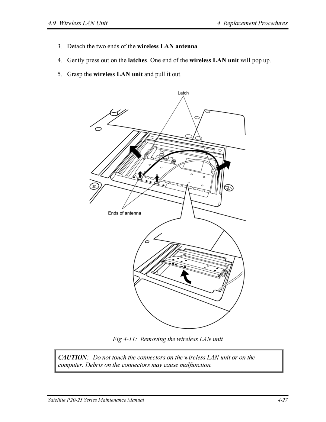 Toshiba P25 manual Wireless LAN Unit Replacement Procedures, Removing the wireless LAN unit 