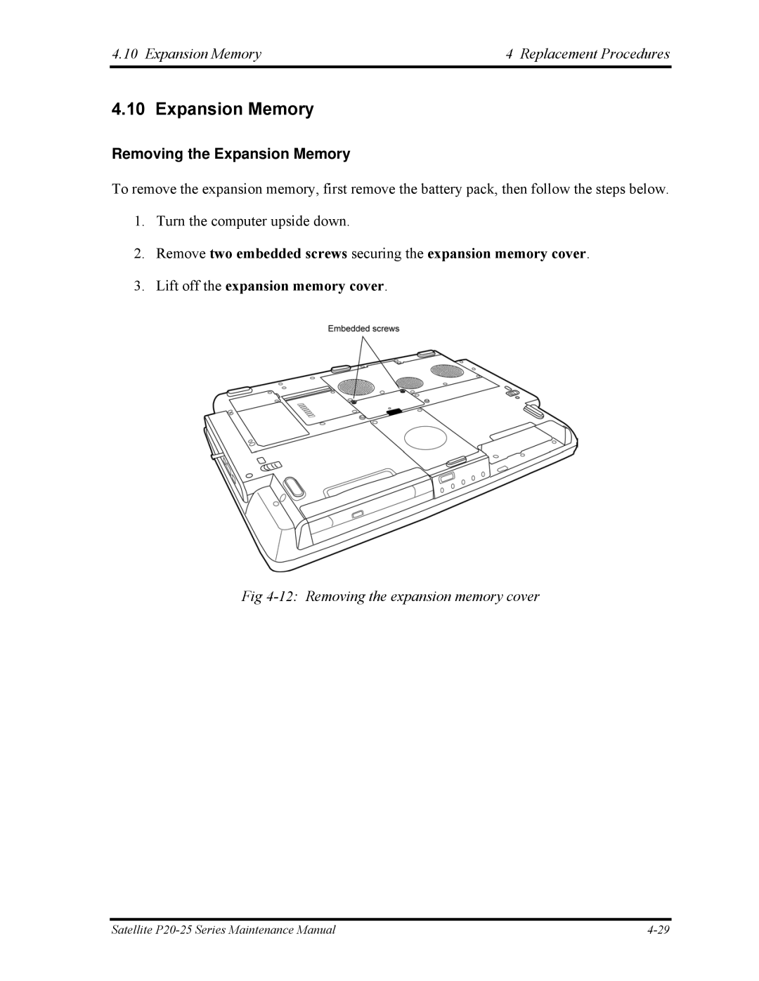 Toshiba P25 manual Expansion Memory Replacement Procedures, Removing the Expansion Memory 