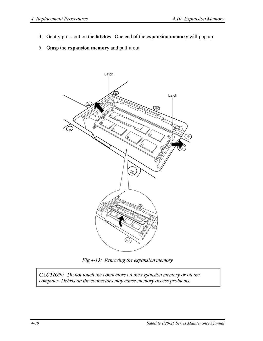 Toshiba P25 manual Replacement Procedures Expansion Memory, Removing the expansion memory 