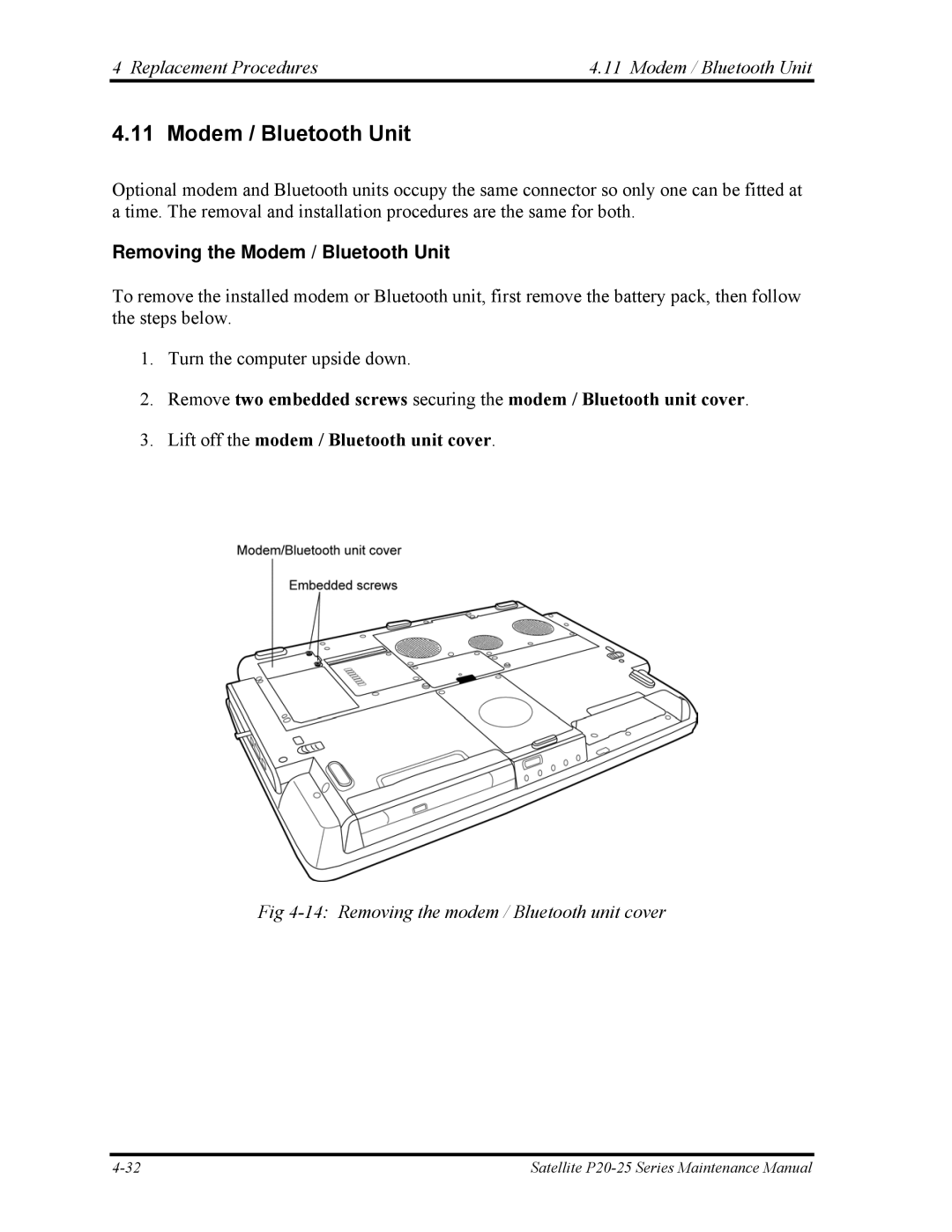 Toshiba P25 manual Replacement Procedures Modem / Bluetooth Unit, Removing the Modem / Bluetooth Unit 