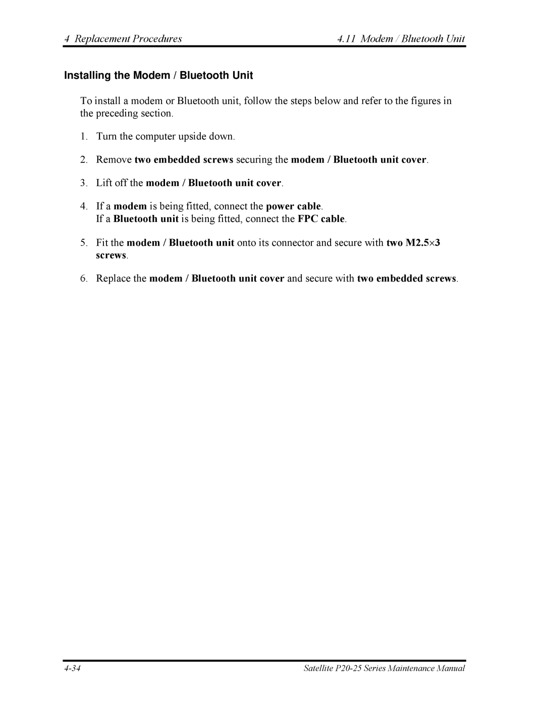 Toshiba P25 manual Installing the Modem / Bluetooth Unit 