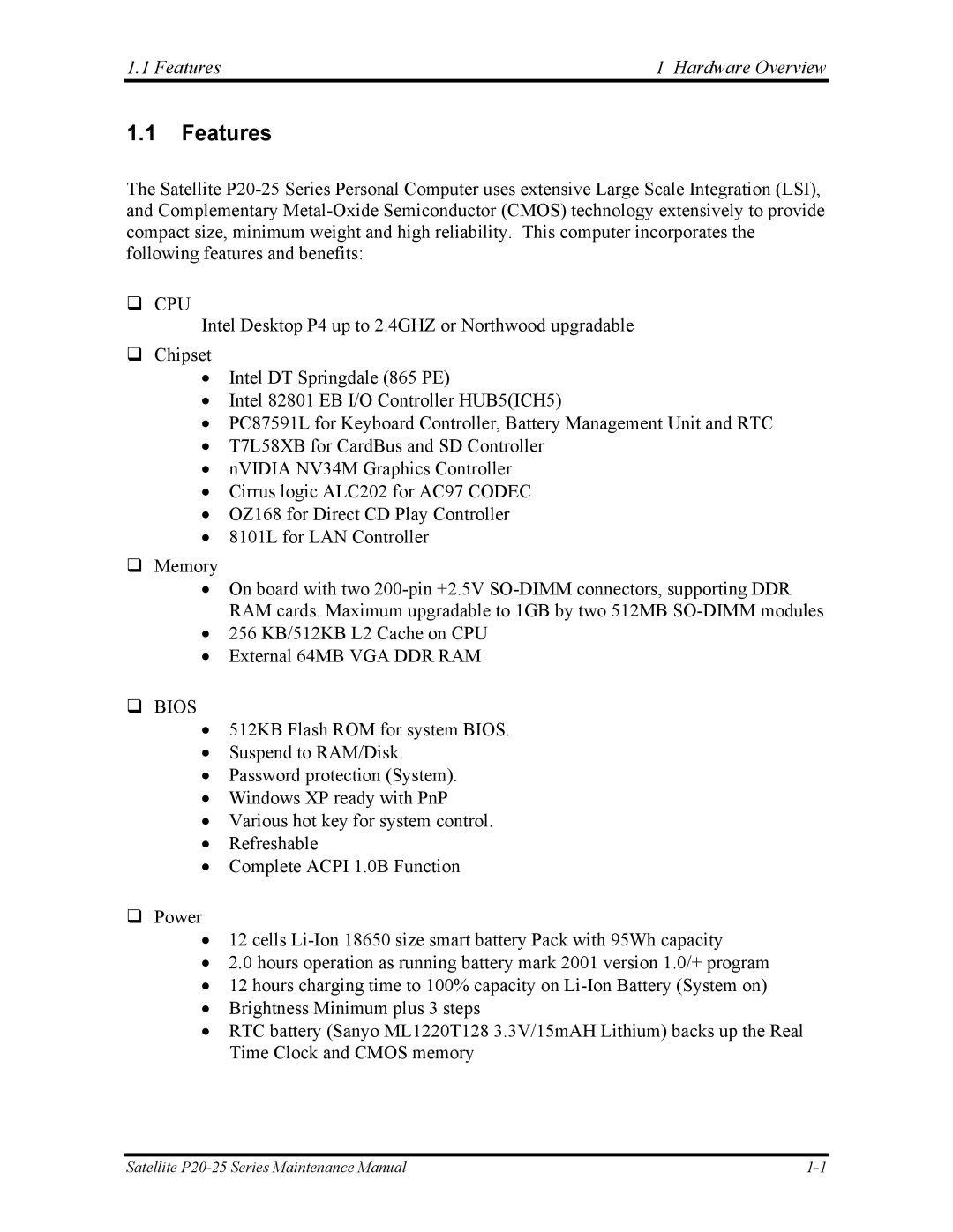 Toshiba P25 manual Features Hardware Overview 