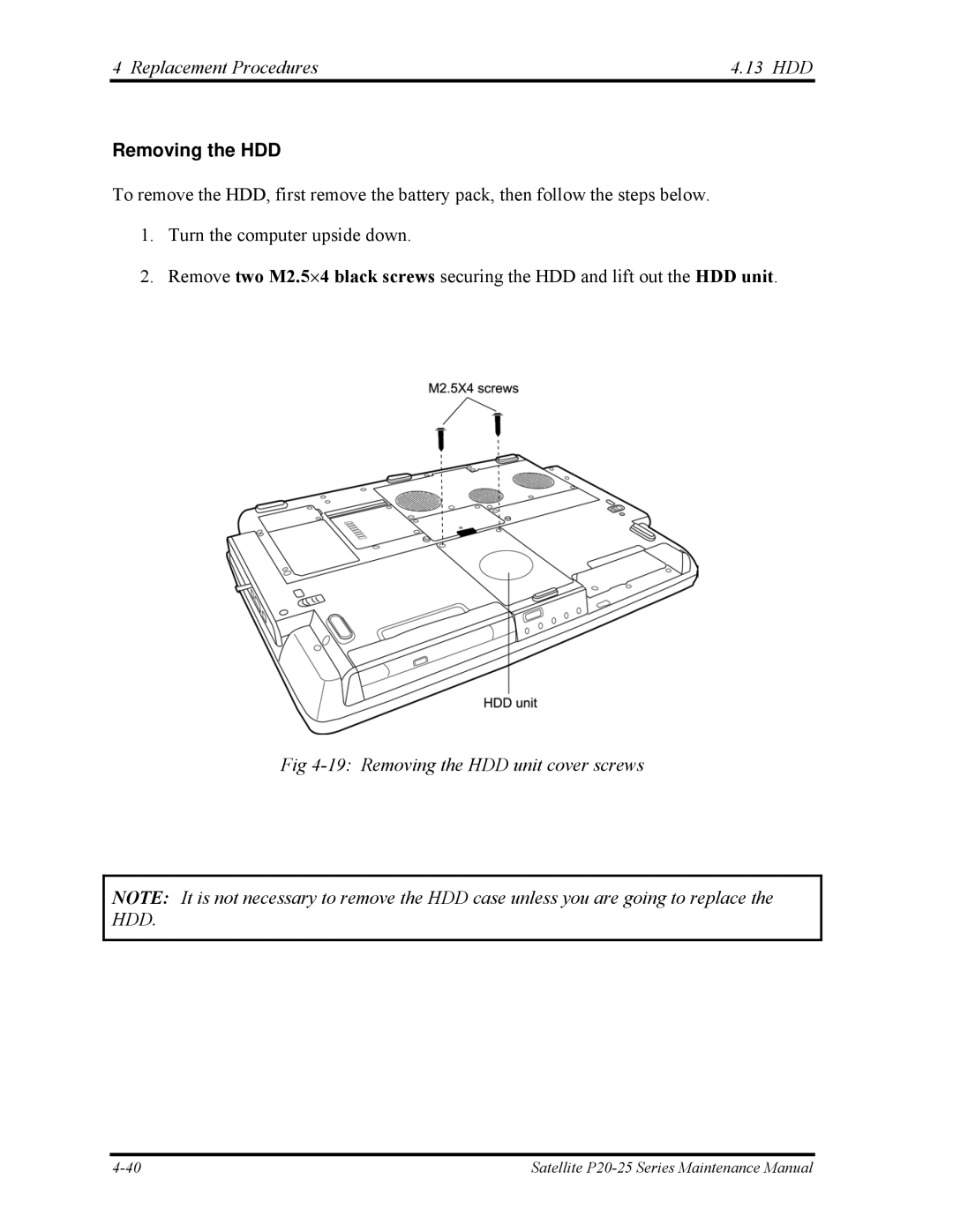 Toshiba P25 manual Replacement Procedures 13 HDD, Removing the HDD unit cover screws 