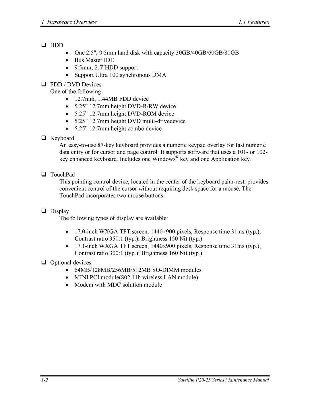 Toshiba P25 manual Hardware Overview Features 