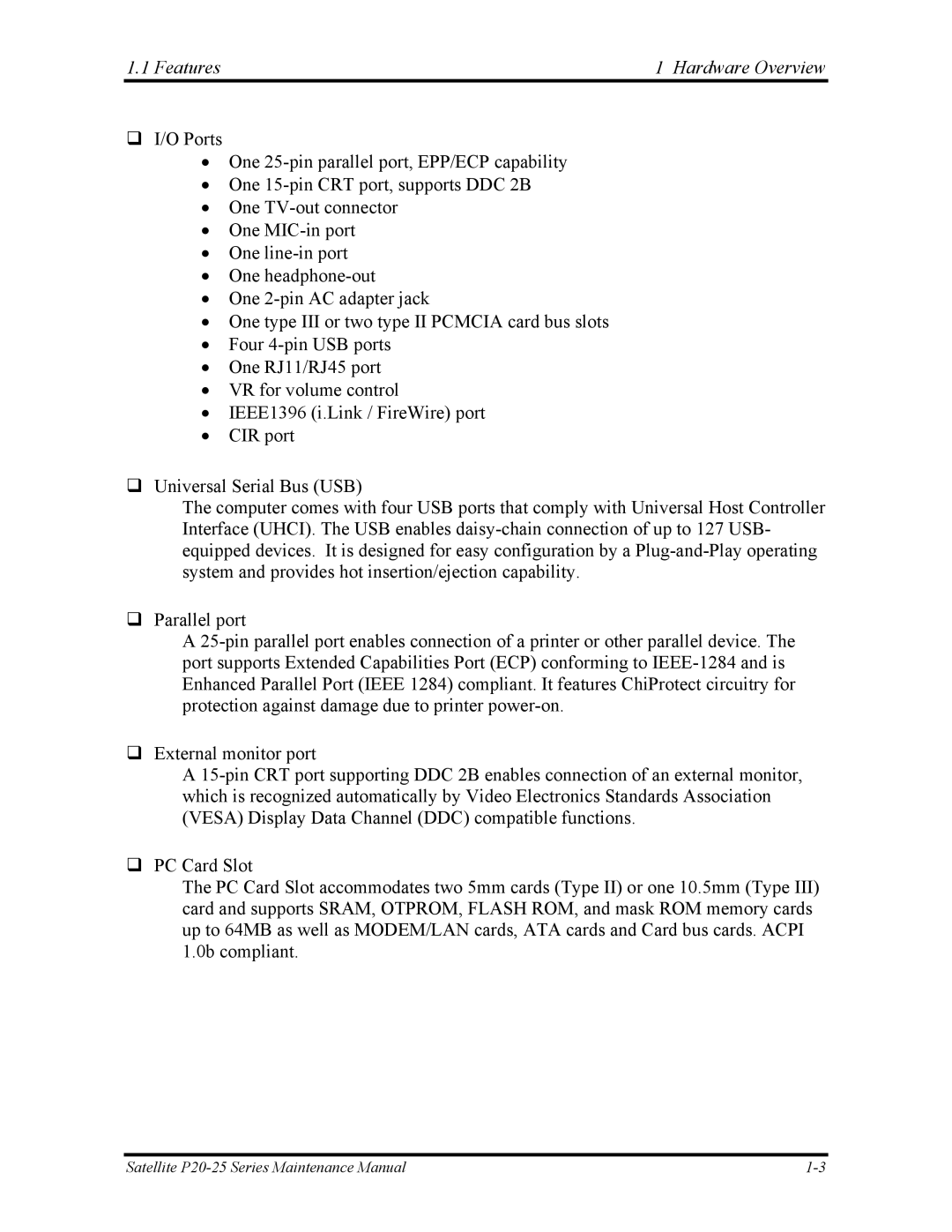 Toshiba P25 manual Features Hardware Overview 