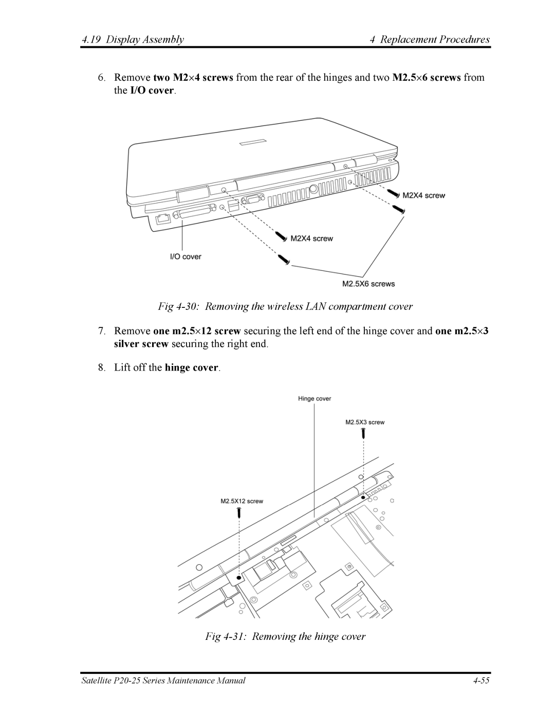 Toshiba P25 Display Assembly Replacement Procedures, Removing the wireless LAN compartment cover, Removing the hinge cover 