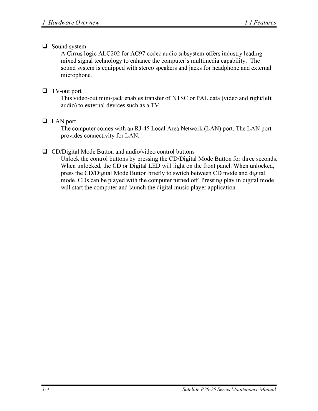 Toshiba P25 manual Hardware Overview Features 