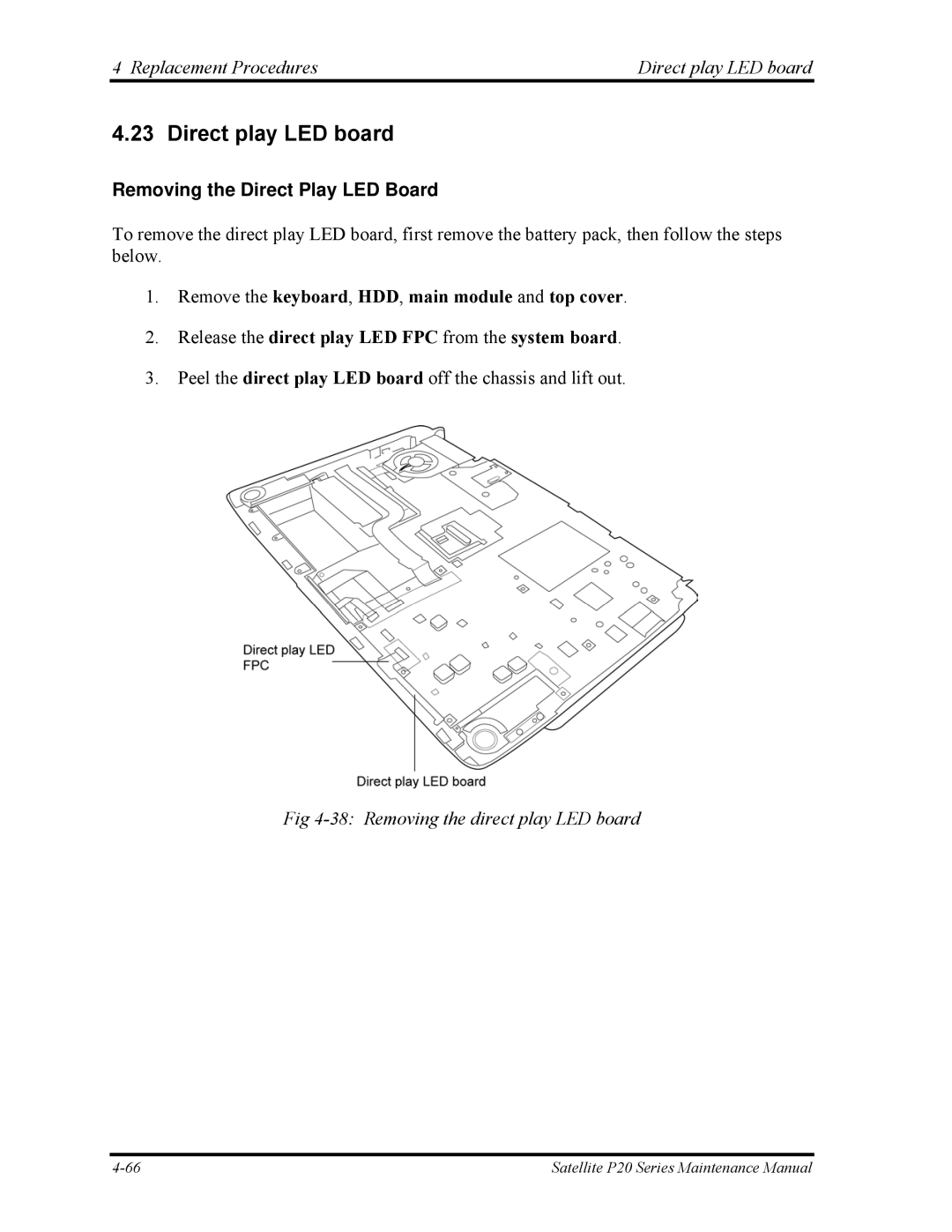 Toshiba P25 manual Replacement Procedures Direct play LED board, Removing the Direct Play LED Board 