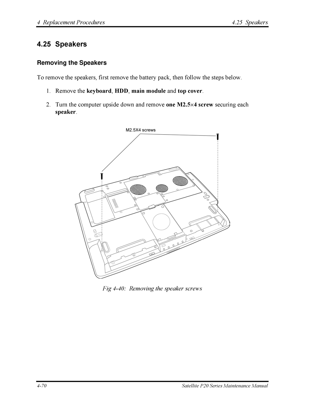 Toshiba P25 manual Replacement Procedures Speakers, Removing the Speakers, Removing the speaker screws 