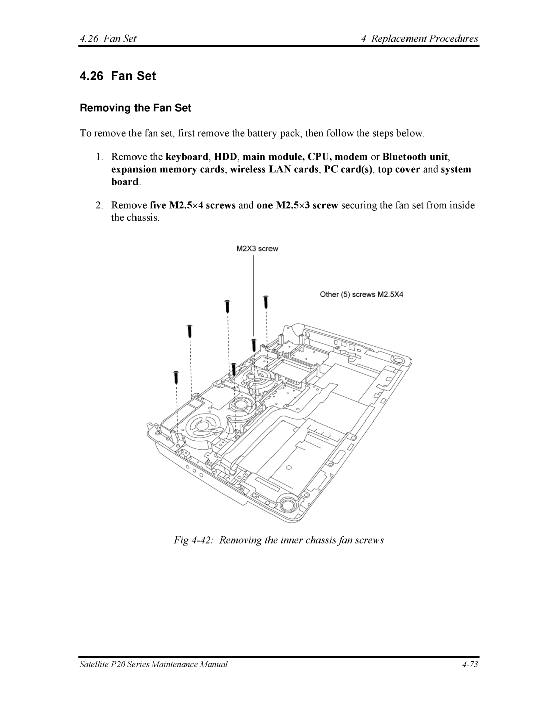 Toshiba P25 manual Fan Set Replacement Procedures, Removing the Fan Set, Removing the inner chassis fan screws 