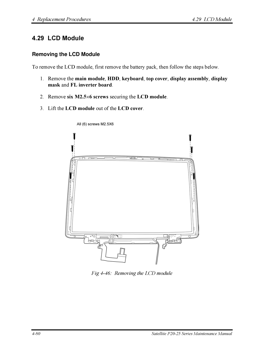 Toshiba P25 manual Replacement Procedures LCD Module, Removing the LCD Module, Removing the LCD module 