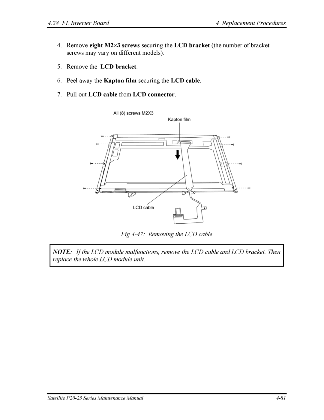 Toshiba P25 manual Pull out LCD cable from LCD connector, Removing the LCD cable 