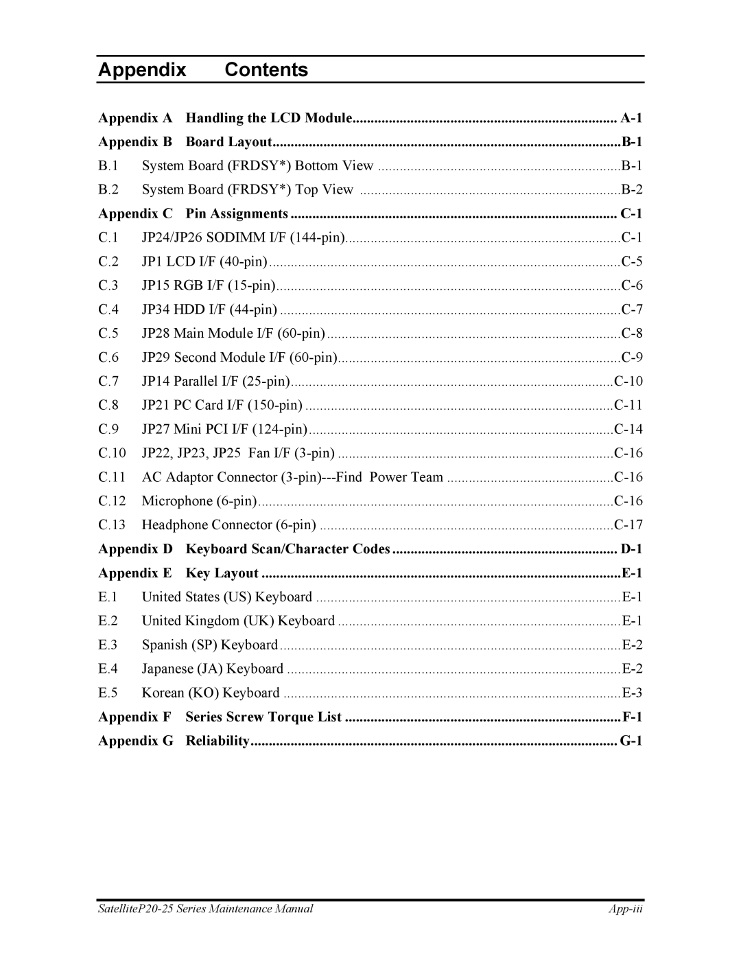 Toshiba P25 manual Appendix Contents 