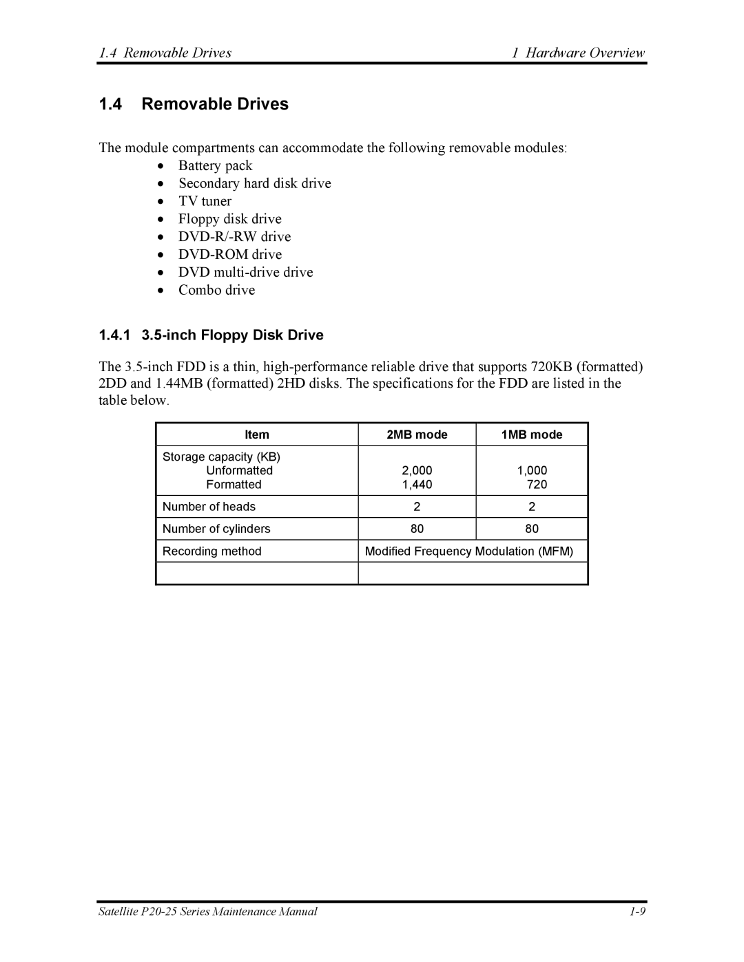 Toshiba P25 manual Removable Drives Hardware Overview, 1 3.5-inch Floppy Disk Drive 