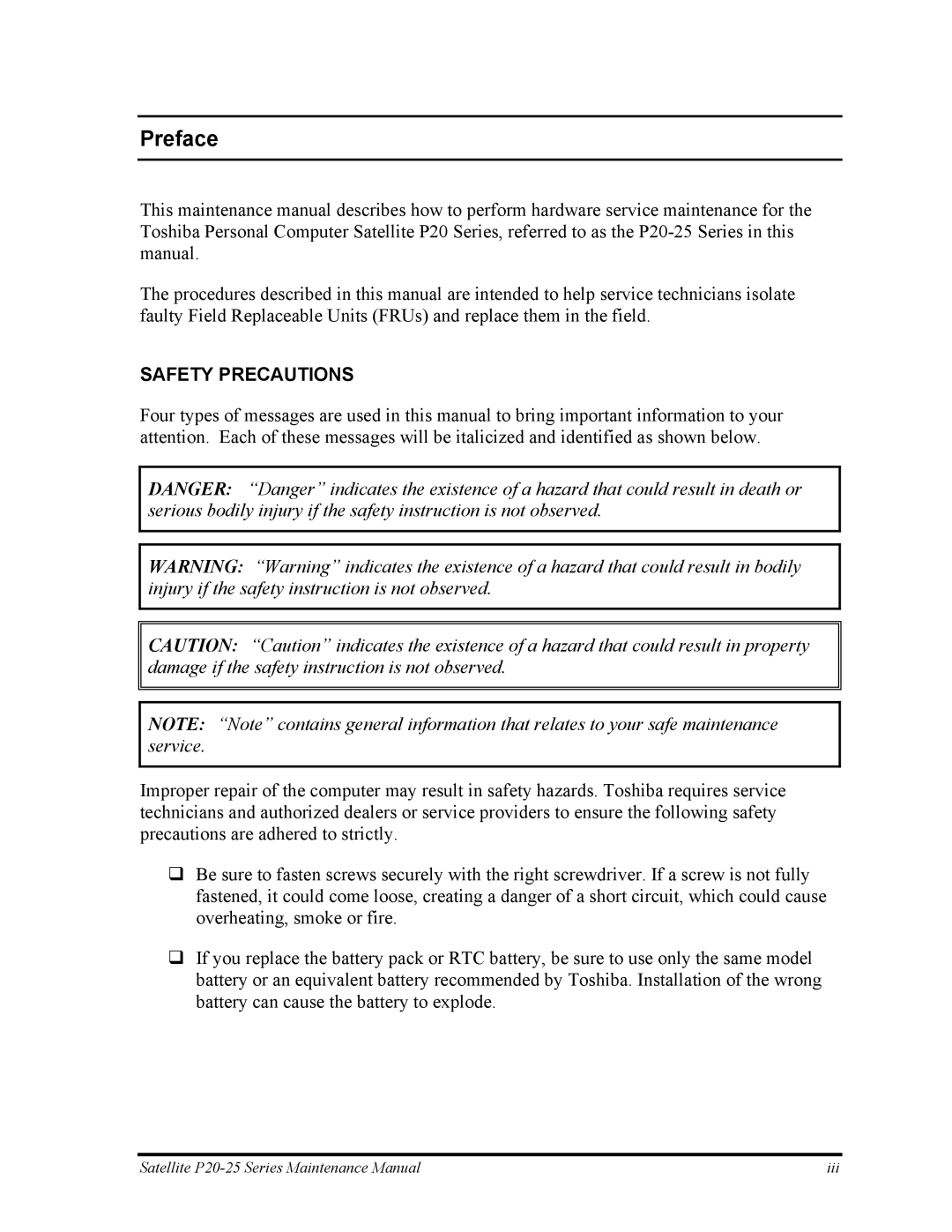 Toshiba P25 manual Preface, Safety Precautions 