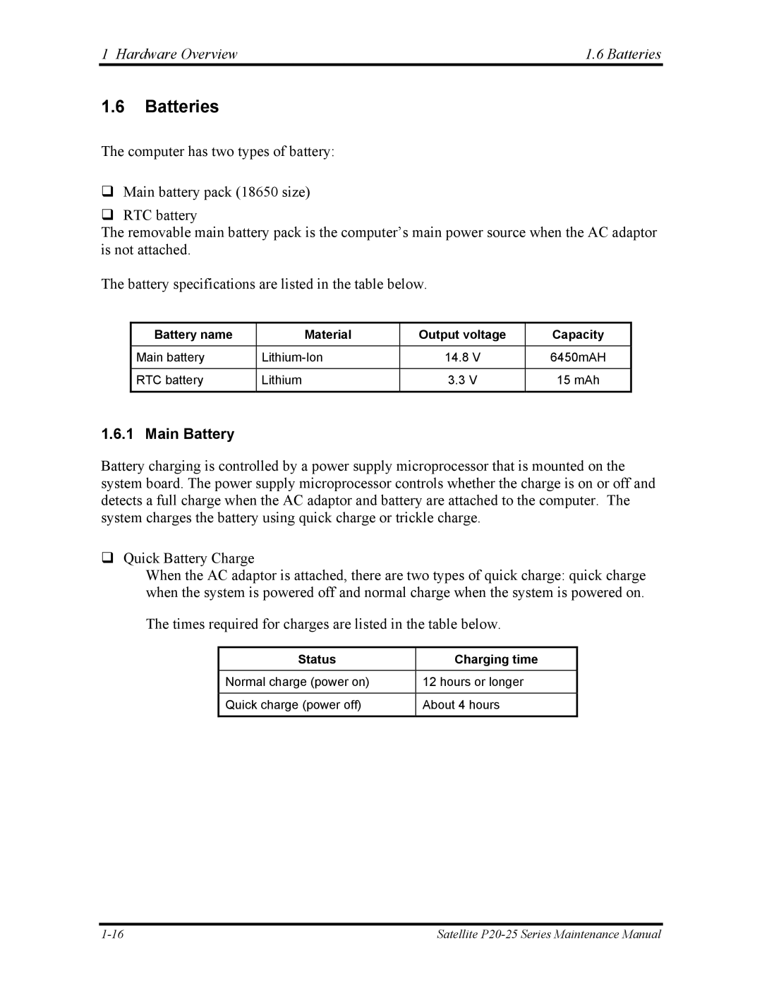 Toshiba P25 manual Hardware Overview Batteries, Main Battery 