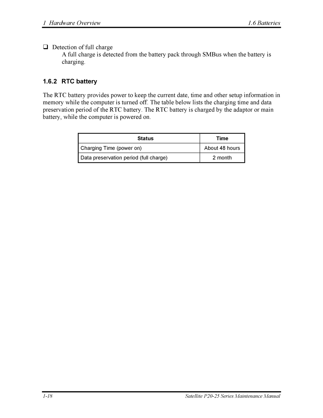 Toshiba P25 manual RTC battery, Status Time 