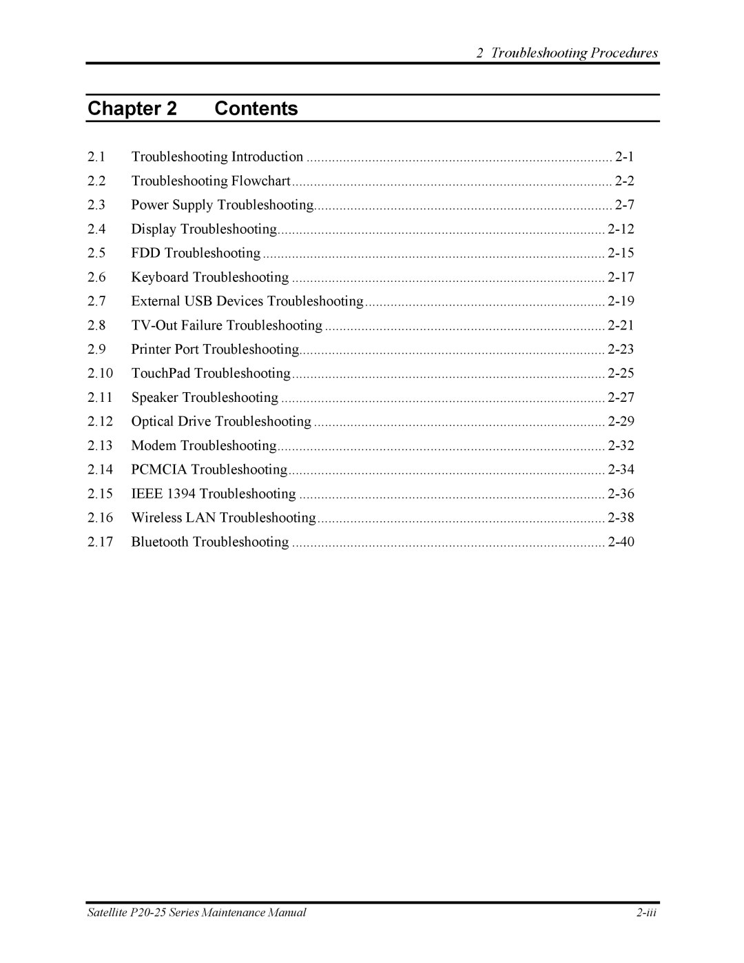 Toshiba P25 manual Chapter Contents 